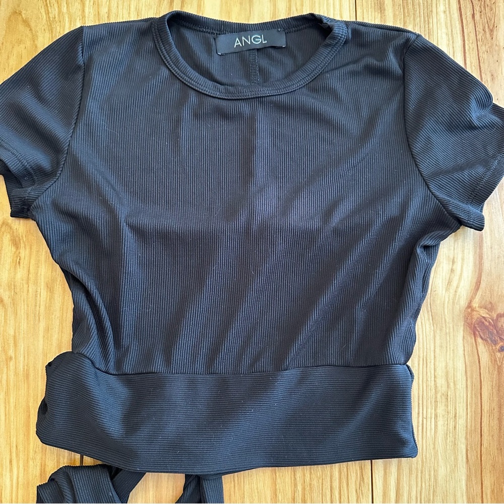 ANGL Black Ribbed Short Sleeve Top